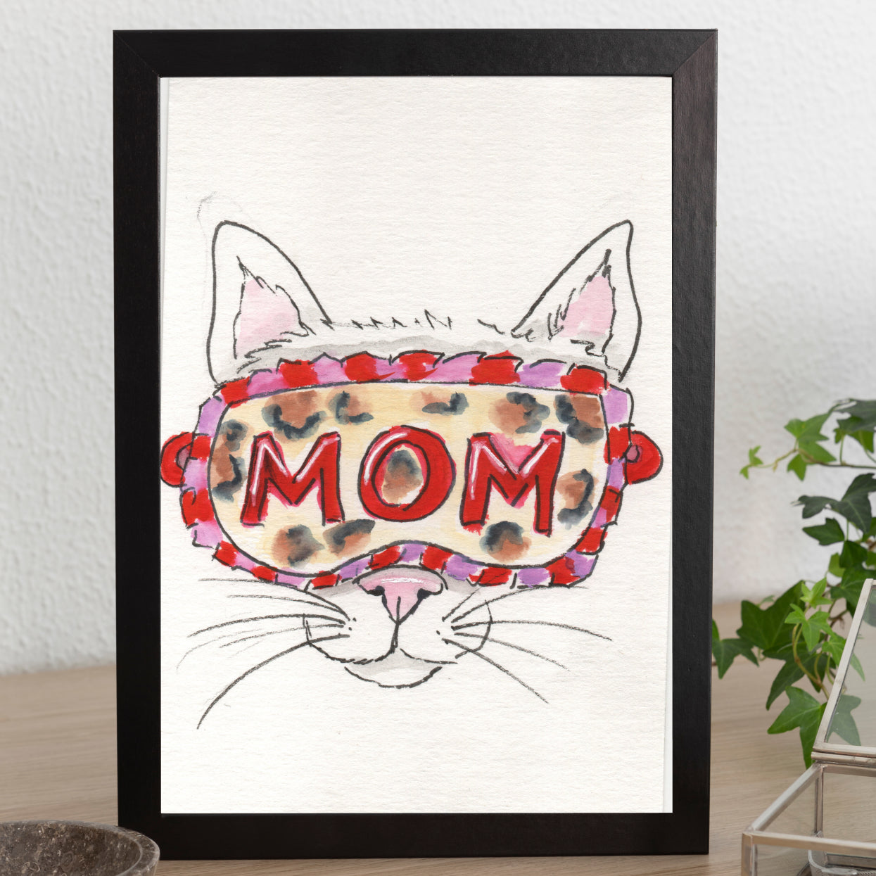 Original Watercolor Illustration, "Cat Mom Mask"