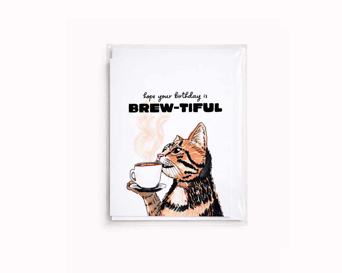 Brew-tiful Birthday- Coffee Pun Cat Lover Birthday Card